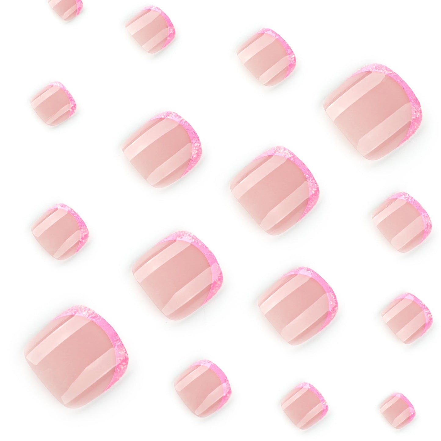 IMRAIN Pink Glitter French Press on Toe Nails Short Square Fake Toenails Full Cover Glossy Glue on Toe Nails Sequin Stick on Toenails for Women 24Pcs