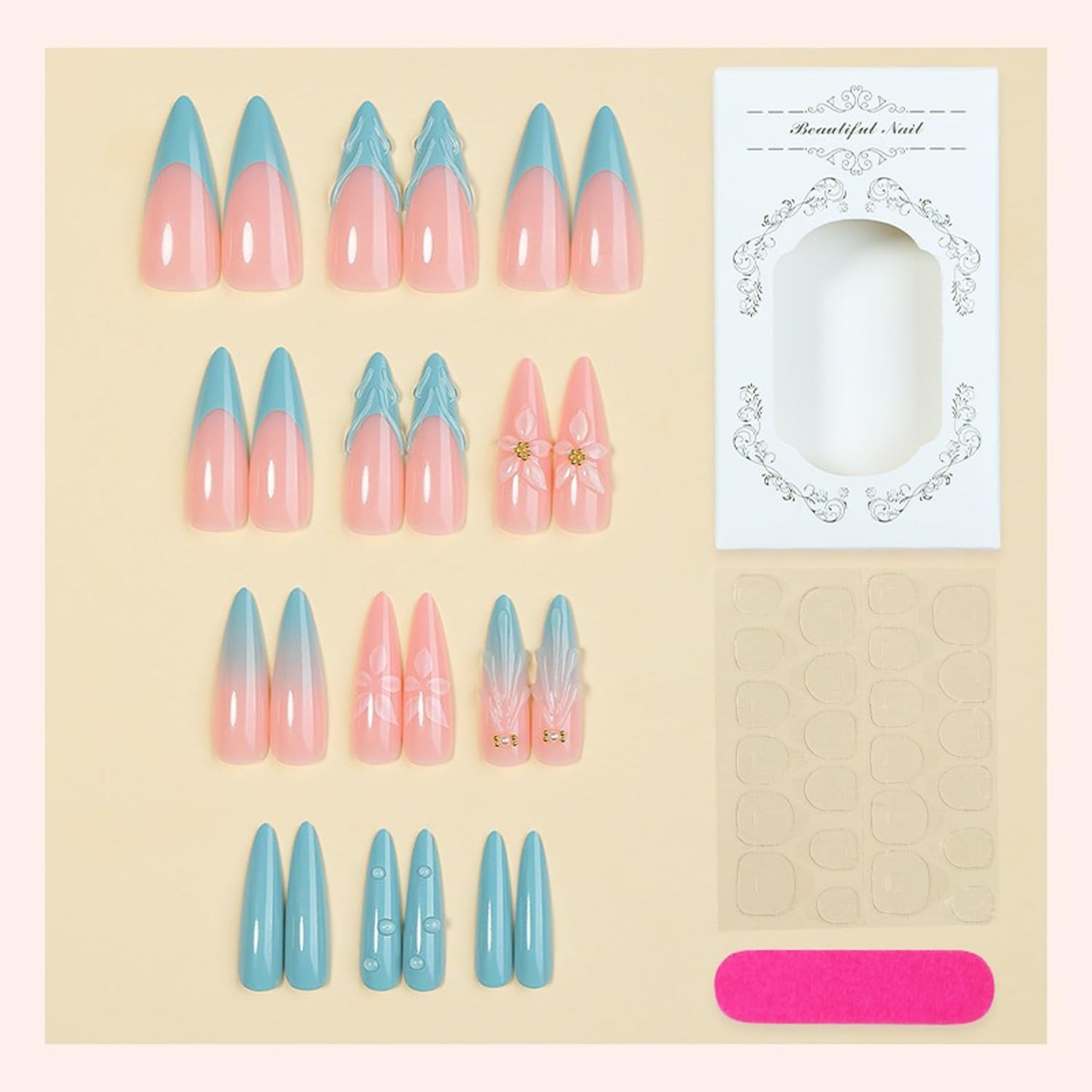 Long Stiletto Press On Nails French Tip Fake Nails Flower With 3D Wave Design Full Cover Blue Glue On Nail Reusable Acrylic Summer False Nails Glossy Artificial Stick On Nail For Women 24pcs