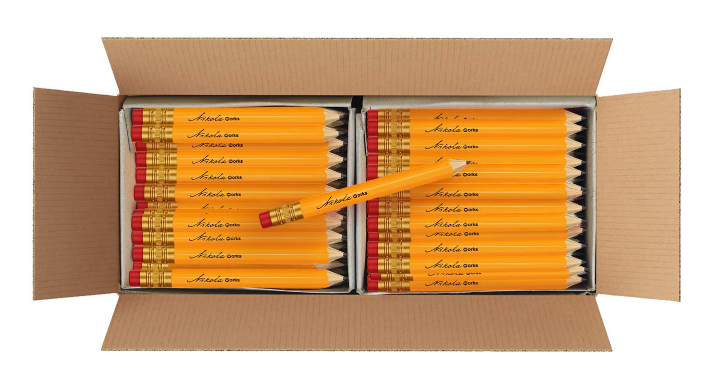 Nikola Works Mini Golf Pencils With Erasers - 192 Count - Classic Pre-Sharpened #2 HB American Pew Pencils Standard Hex Shaped Bulk Pack