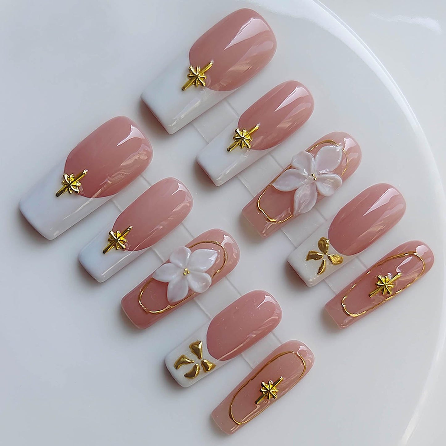 Gleamrain Handmade Press on Nails Long Length Square Shape M Size - 10Pcs - Gleamrain Design 902