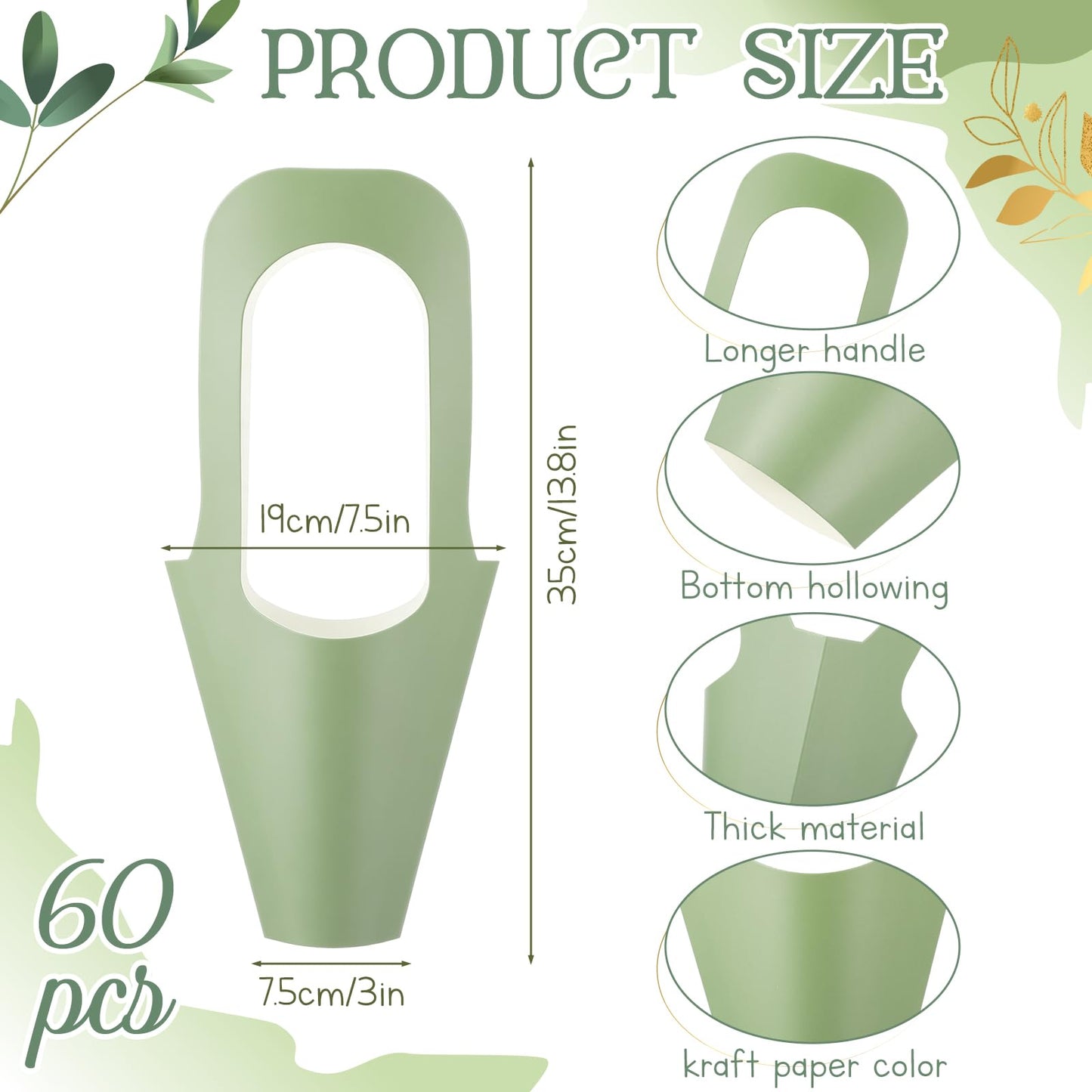 Kolldenn 60 Pack Sage Green Kraft Paper Flower Bouquet Wrapping Paper Gift Bags with Handle Flower Gift Bags for Graduation, Wedding, Birthday, Thanksgiving, Party Favors