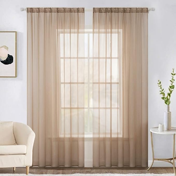 MIULEE 2 Panels Solid Color Sheer Window Curtains Elegant Window Voile Panels/Drapes/Treatment for Bedroom Living Room (54X96 Inches Brown)