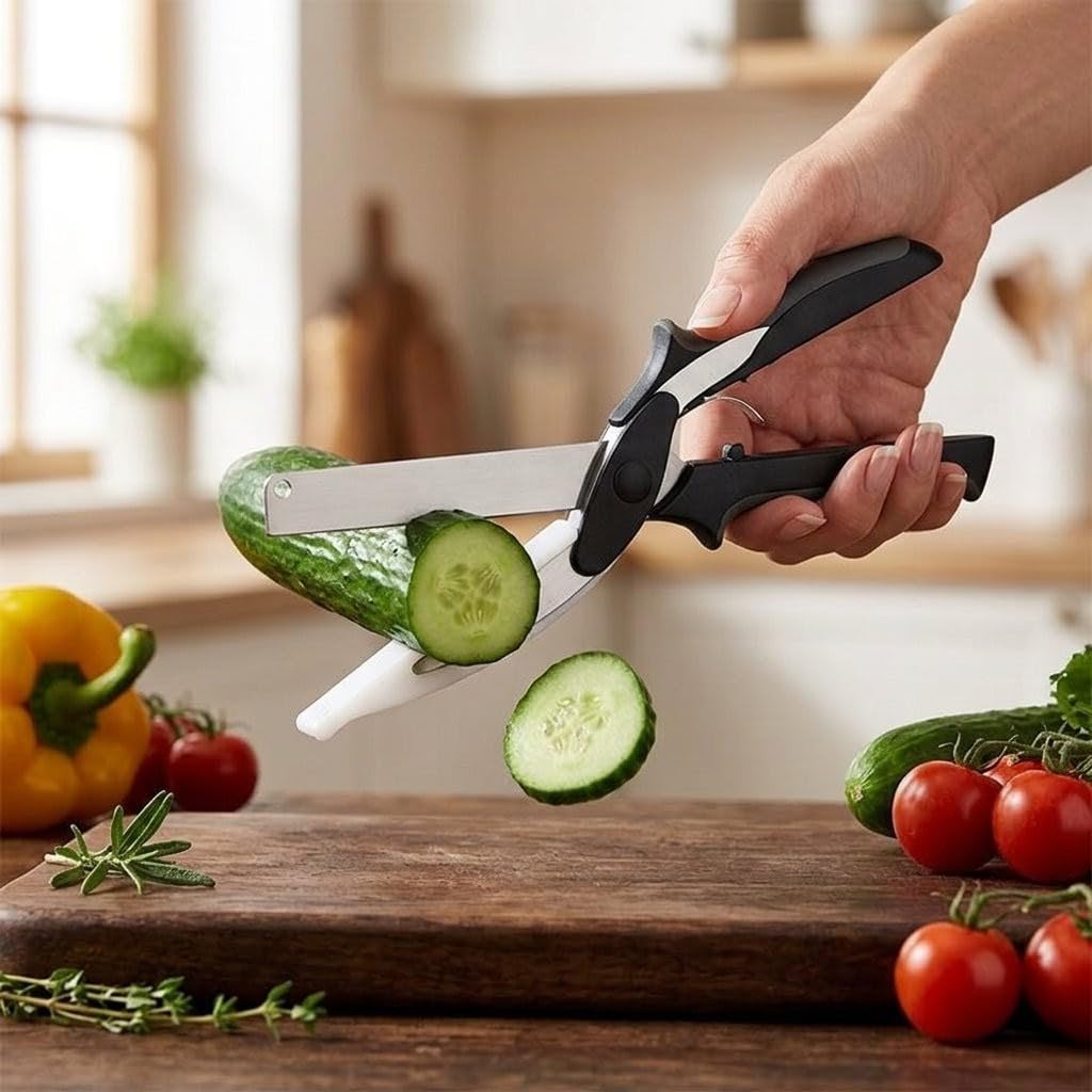 Professional 2-in-1 Kitchen Smart Cutter – Stainless Steel Vegetable Scissors & Food Chopper with Built-in Cutting Board – Multi-Function Slicer for Fruits, Veggies, Cheese, and Meat