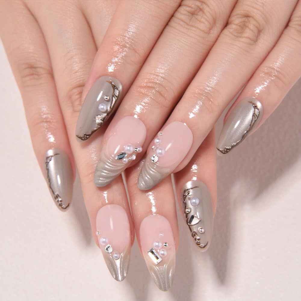 evpct Nude Pink 3D Press on Nails Short Almond No Glue with Wave Pearl Design, 3D Wave Tip Stick on Nail for Women Gift, Reusable Full Cover Soft Press on Fake Nail Perfectly Fit with Diamond Design