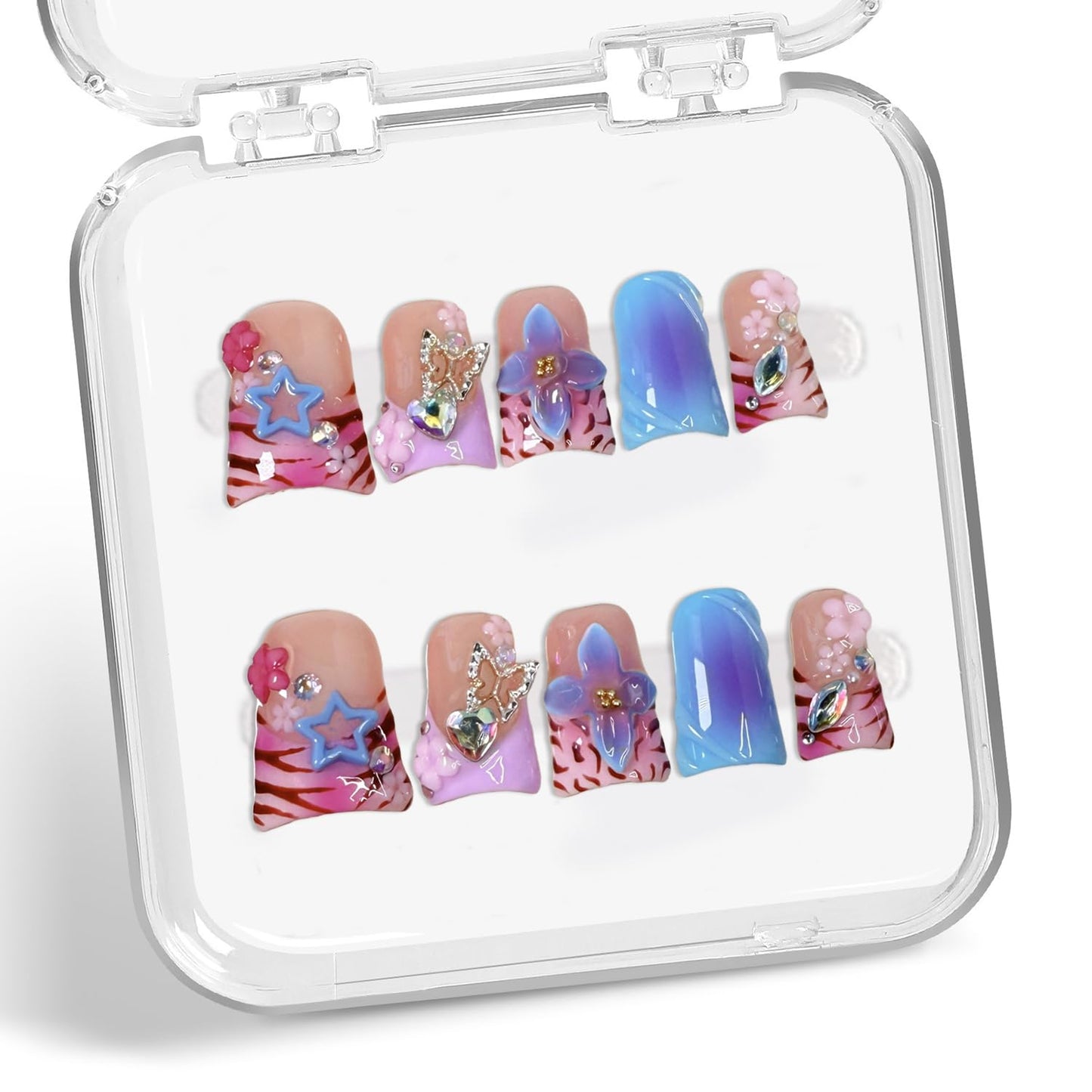 Handmade Press on Nails Leopard Print 3D Luxury Flower & Butterfly Fake Nail Designs Gradient Stick on Nails Full Cover Flower Press on Nails Short Duck Muti-Layer Gel Thick Acrylic Nail for Women（M)