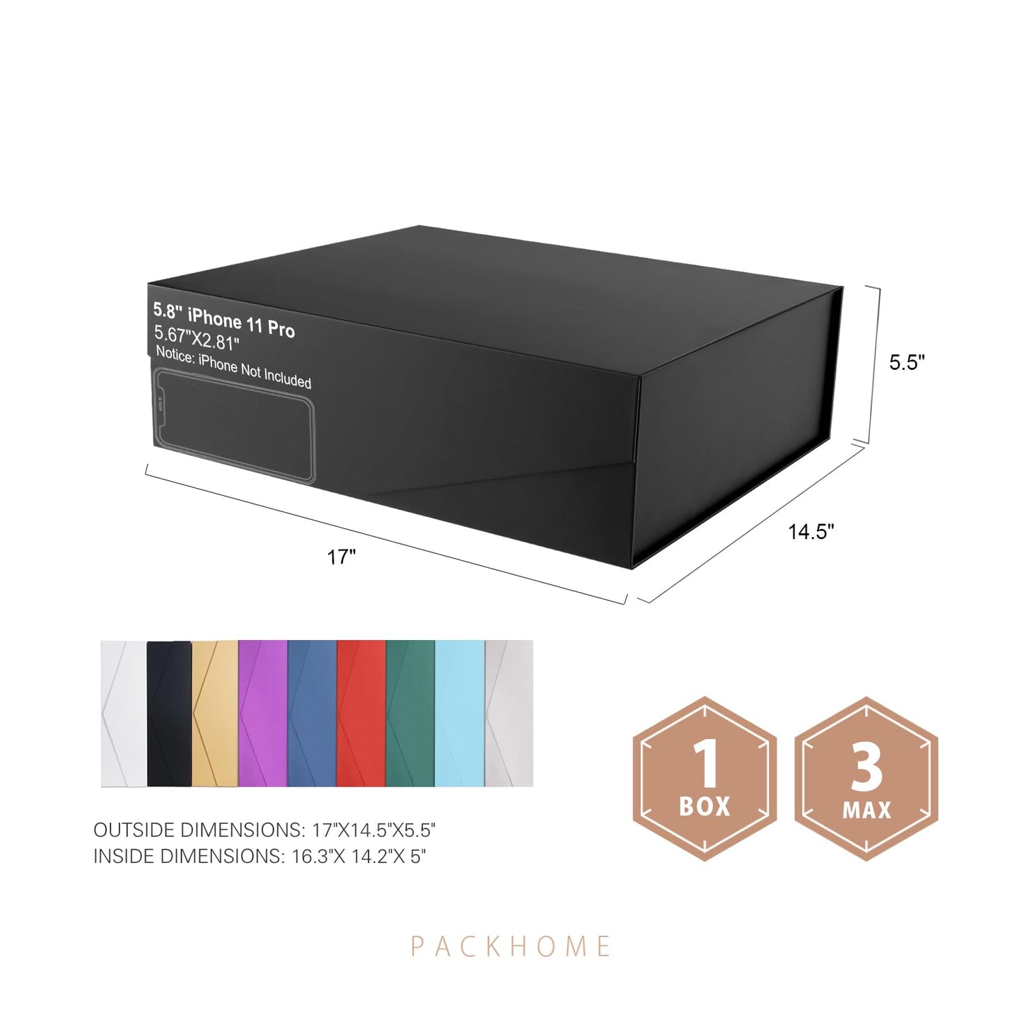PACKHOME 17x14.5x5.5 Inches, 3 Extra Large Gift Boxes with Lids, Magnetic Closure Boxes for Clothes and Large Gifts (Matte Black with Grain Texture)