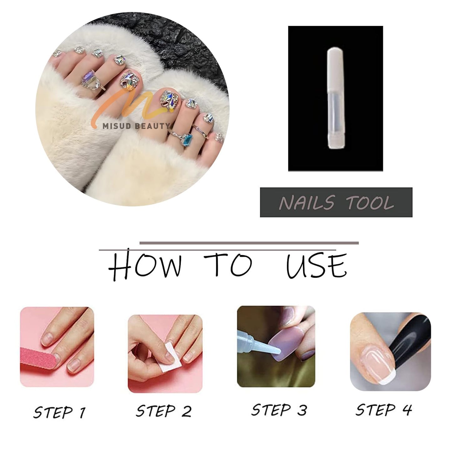 MISUD Press on Toenails - Fake Toe Nails with Rhinestone, Acrylic Toenail Bling Silver Glitter Design 24 pcs
