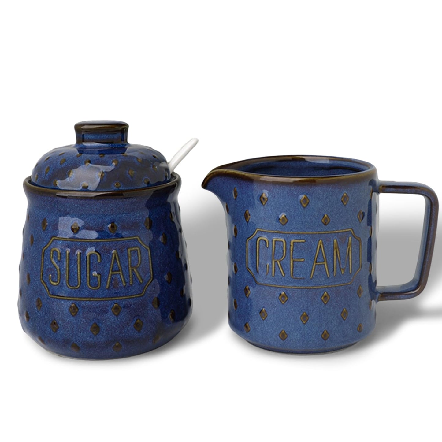 GDCZ Ceramic Sugar and Creamer Set, Milk Creamer and Sugar Container with Spoon, Coffee Serving Set with Sugar Bowl and Cream Pitcher, Set of 2 (Blue)