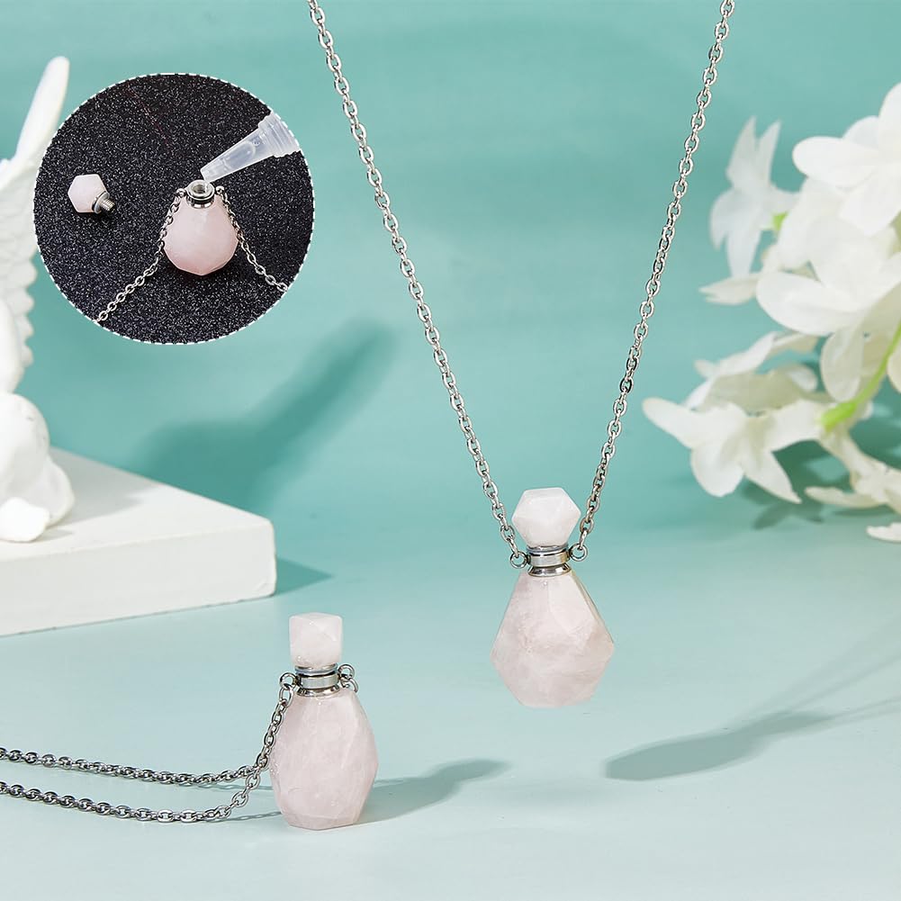 SUPERFINDINGS 2Pcs Perfume Bottle Necklace Essential Oil Diffuser Necklace Pink Natural Rose Quartz Perfume Bottle Pendant with 304 Stainless Steel Chain Gemstone Vial Pendant for Woman Men