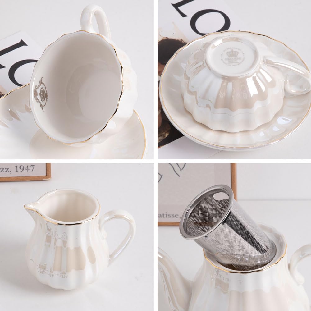 Sweejar Porcelain Tea Sets British Royal Series, 8 OZ Cups& Saucer Service for 6, with Teapot Sugar Bowl Cream Pitcher Teaspoons and tea strainer for Tea/Coffee (Coral White)