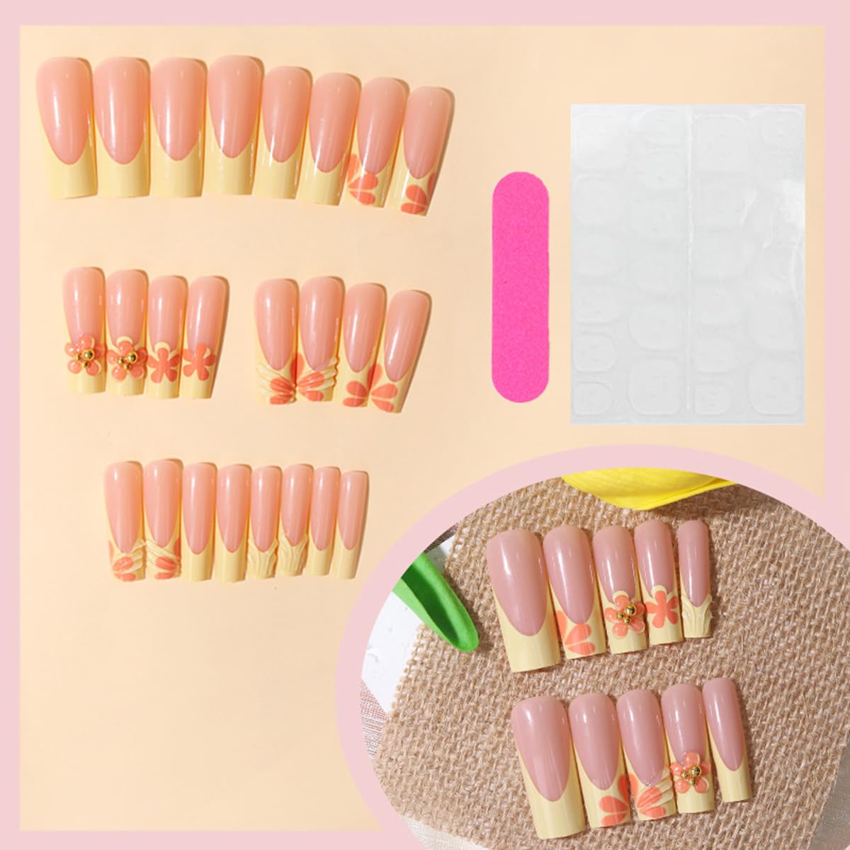 Yellow French Tip Press on Nails Long Square Nails Press ons with Flower & 3D Gold Pearl Design Nude Summer Fake Nails Full Cover Glossy Stick on Nails for Women 24Pcs