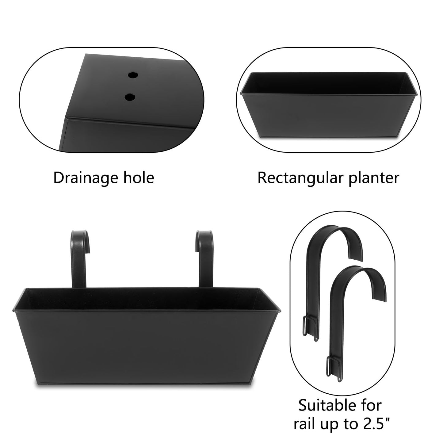 Holensun Railing Planters Outdoor Balcony 16 Inch Deck Over The Railing Planter Boxes Hanging Planters for Fence Flower 3 Pcs (Black)