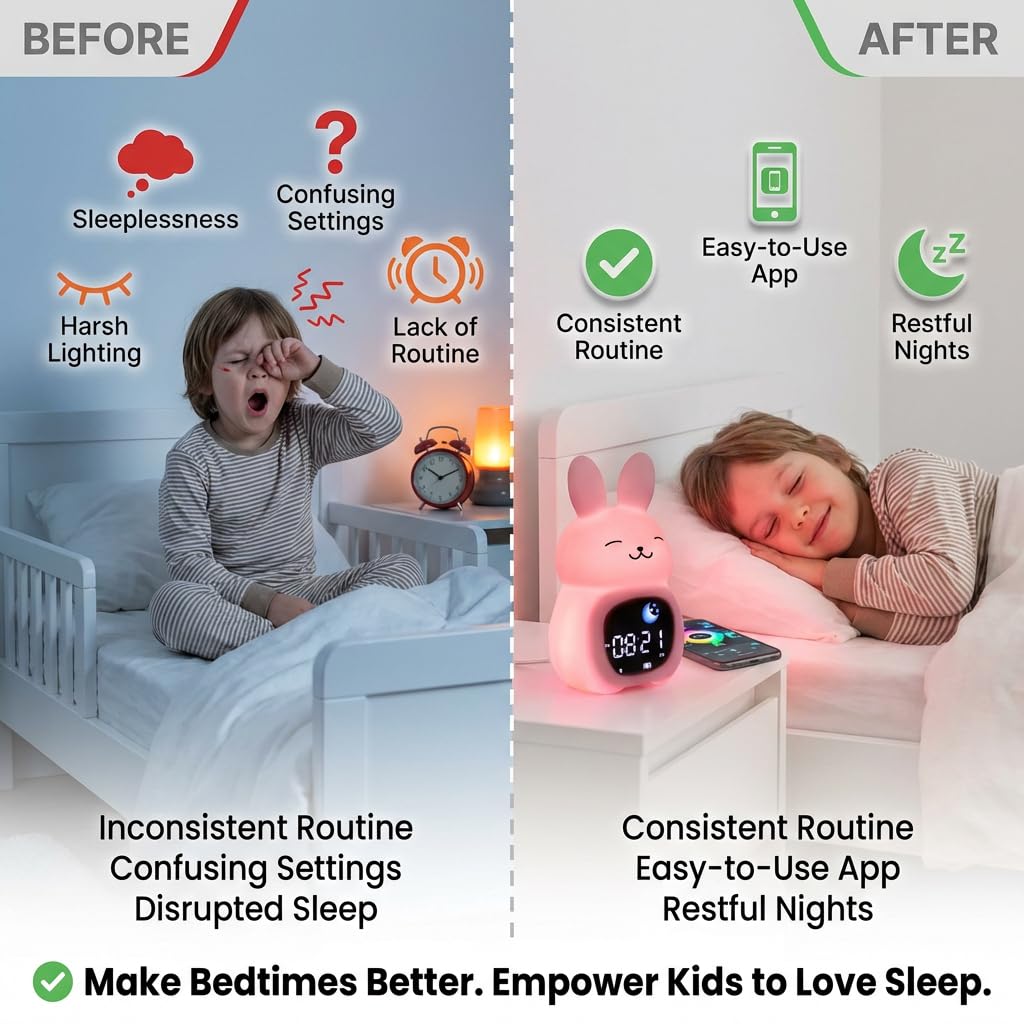 Bumble & Bright Kids Sleep Trainer with App Control - OK to Wake Clock for Kids Ages 4+, Color-Changing Night Light, Alarm & Sound Machine, Simple 1-Routine Setup, Free App, USB-C