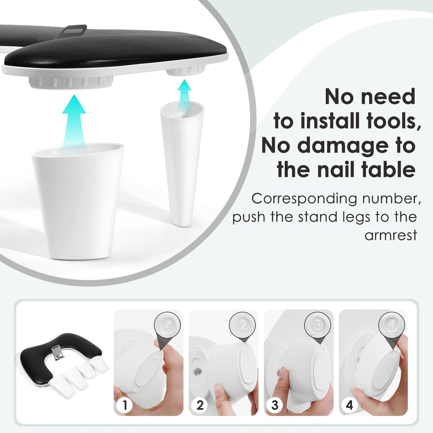 LIONVISON Arm Rest for Nails Tech: U Shaped Ergonomic Nail Hand Rest Stand PU Leather with Rotating Phone Holder for Nail Salon Manicurist (Black)