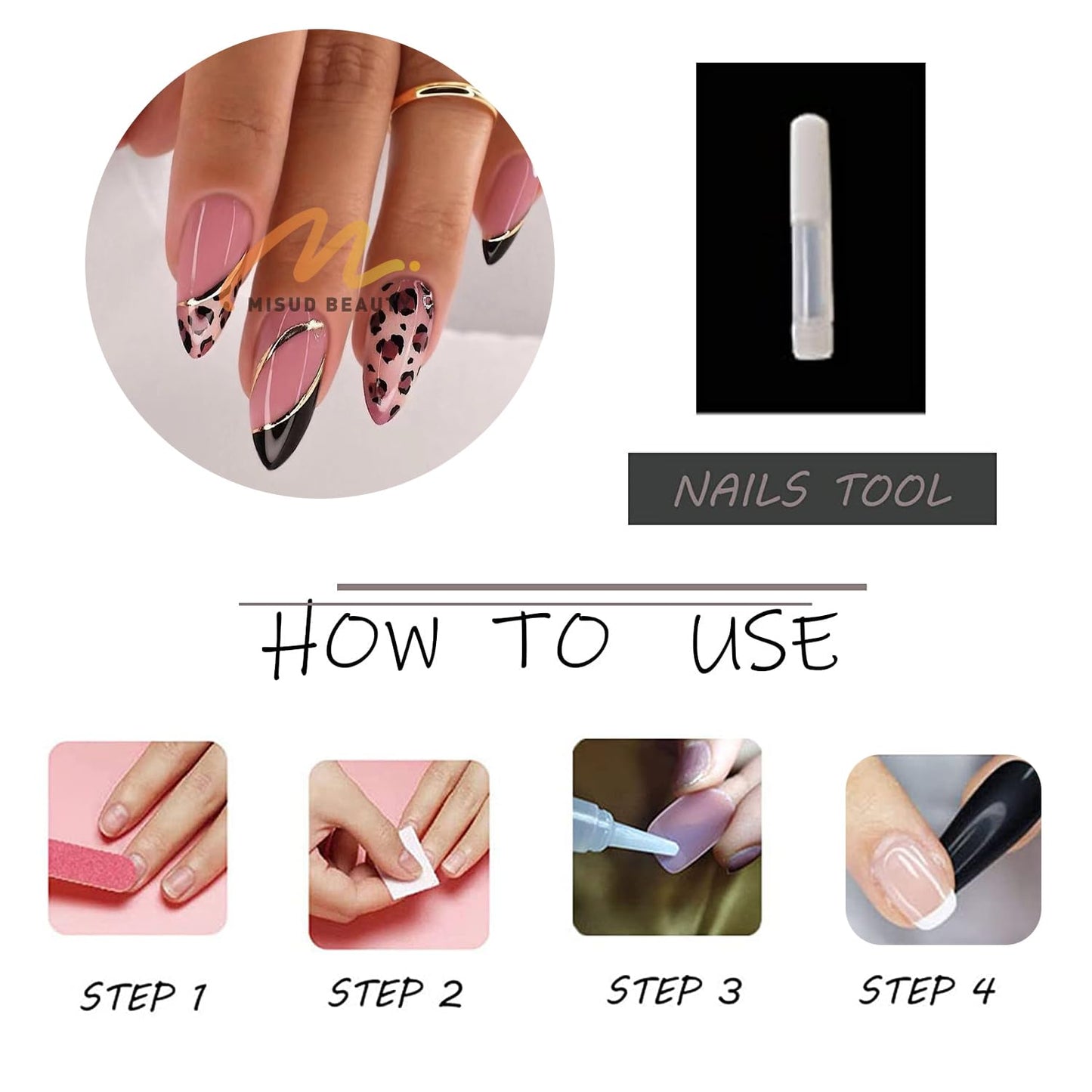 MISUD Press on Nails - Medium Almond Glue on Nails with Black French Tip, Acrylic Cheetah Design 24 pcs