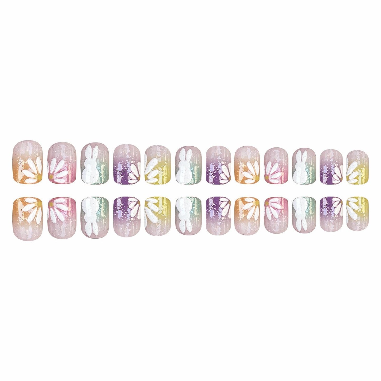 MISUD Press on Nails - Short Square Fake Nails with Colorful Ombre, Acrylic Easter Bunny Flower Design 24 pcs
