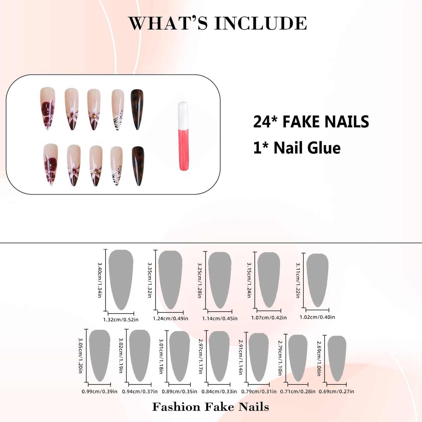 IMRAIN Press on Nails Long Stiletto Fake Nails Red Brown Flower, Leopard Print Designs Fall Glossy Glue on Nails