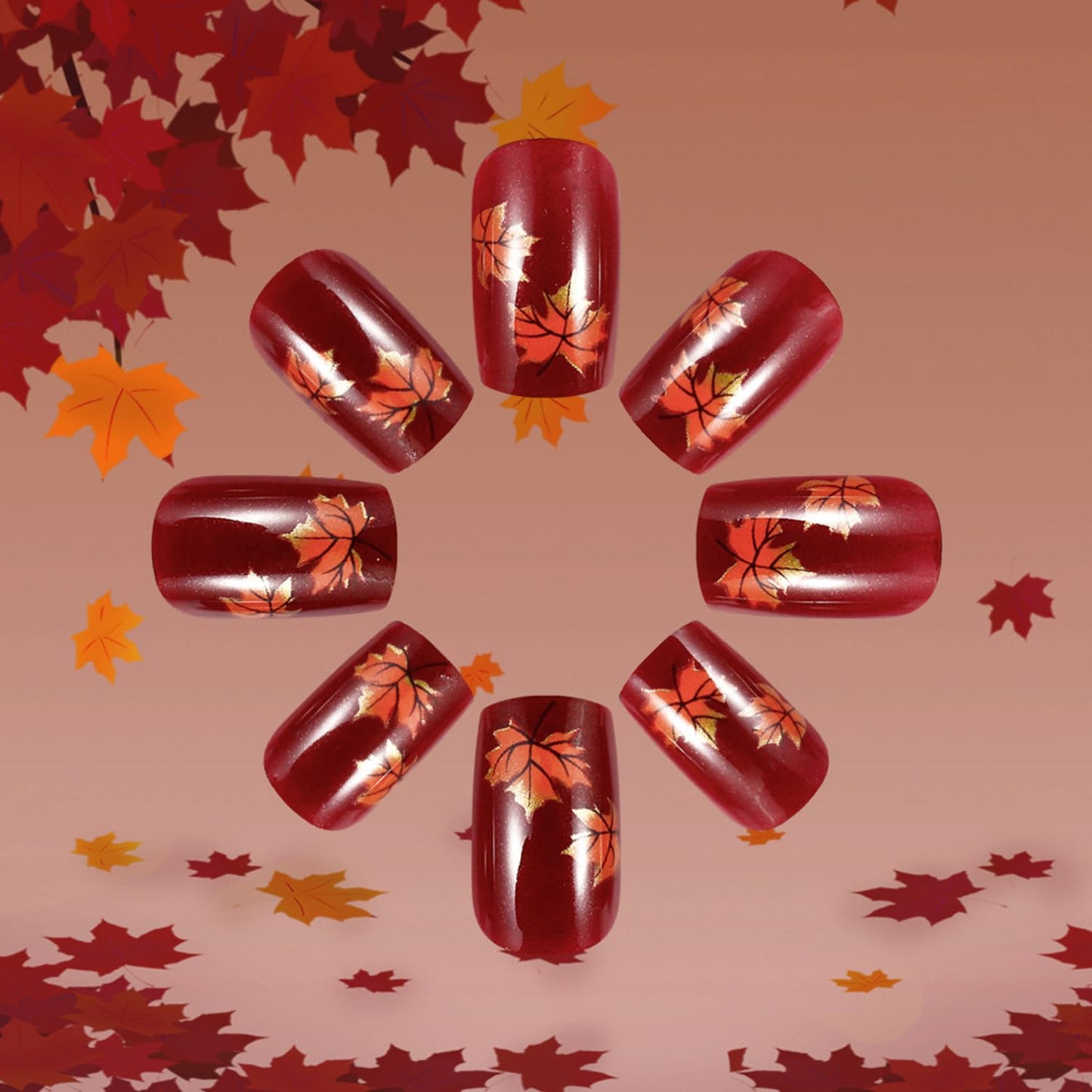 Thanksgiving Press on Nails Medium Ballet Maple Leaf Acrylic Nails Glitter Powder Maple Leaf Design Fall Stick on Nail Full Cover Glossy Artificial Fingernails Autumn Festival Glue on Nails for Women