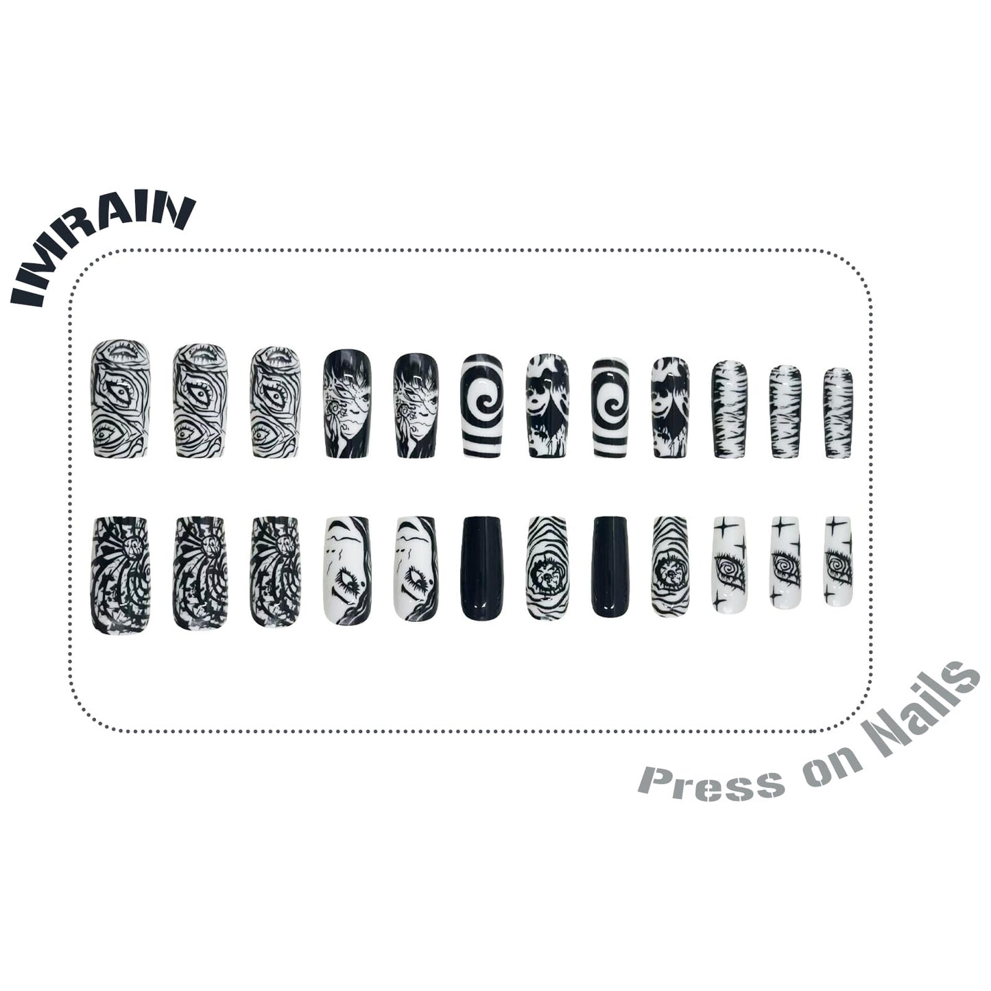 IMRAIN Long Press on Nails Square Fake Nails Black White Pattern Acrylic False Nails with Designs Full Cover Glossy Glue on Nails for Women