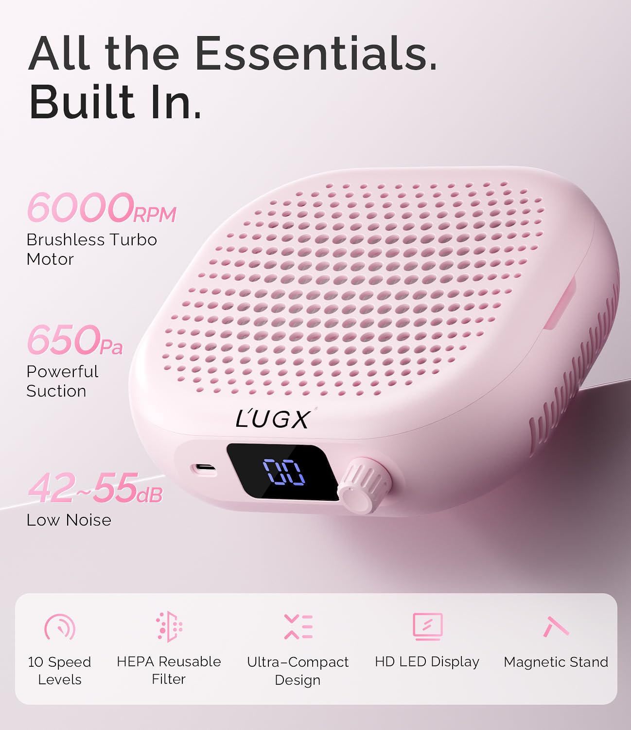 L'UGX Dust Collector Nail Tech – Compact Nail Dust Collector Profesional with Strong Suction, 10-Speed Turbo Fan, LED Display & Low Noise Nail Dust Cleaner for Home & Salon Use-Sakura Pink