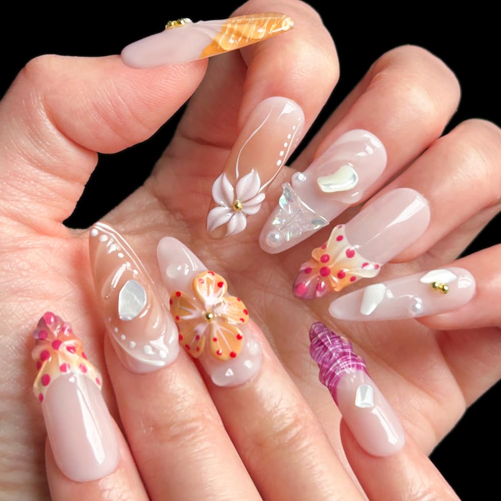 MAGLFELL Press on Nails - Handemade Long Almond Fake Nails, Unique 3D Glossy French Design False Nails, Luxury Stick On Nails for Women, 10 Pcs Acrylic Handmade Fingernails (Size L)