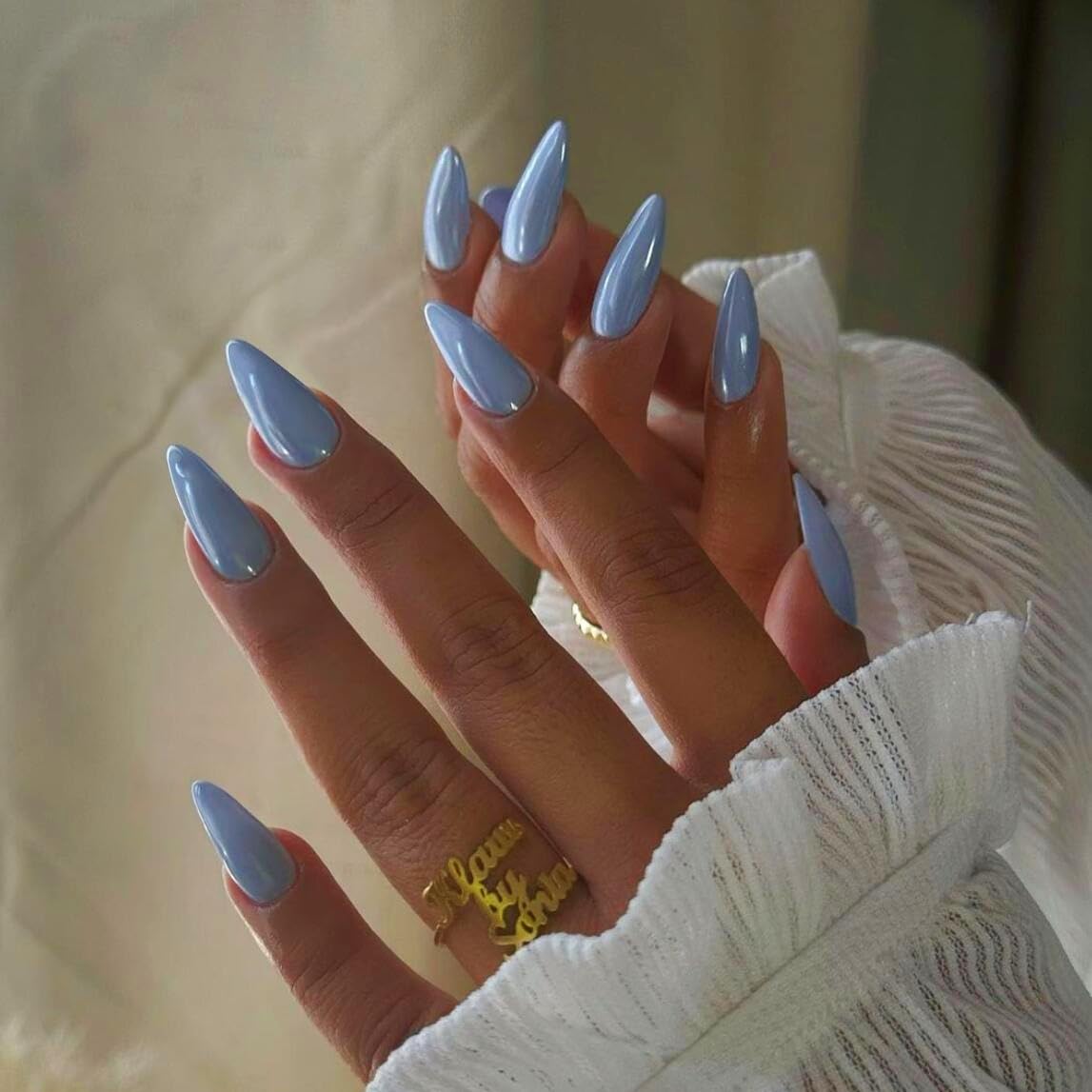 Baby Blue Press On Nails Almond - KQueenest Chrome Press On Nails Medium, Sparkle Fake Nails Press ons Glitter Glue on Nails Medium Stiletto with Glazed Finish, Stick On Nails for Women Wedding Wear