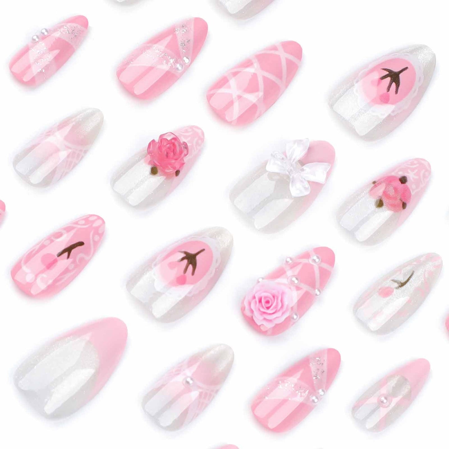 LBPEPAMZ 24Pcs Pink Press on Nails Medium Almond Fake Nails with 3D Rose Bow Pearl Rhinestones Design Pink Gradient French Tips White Acrylic False Nails Stick on Nails for Women Valentine's Day Decor