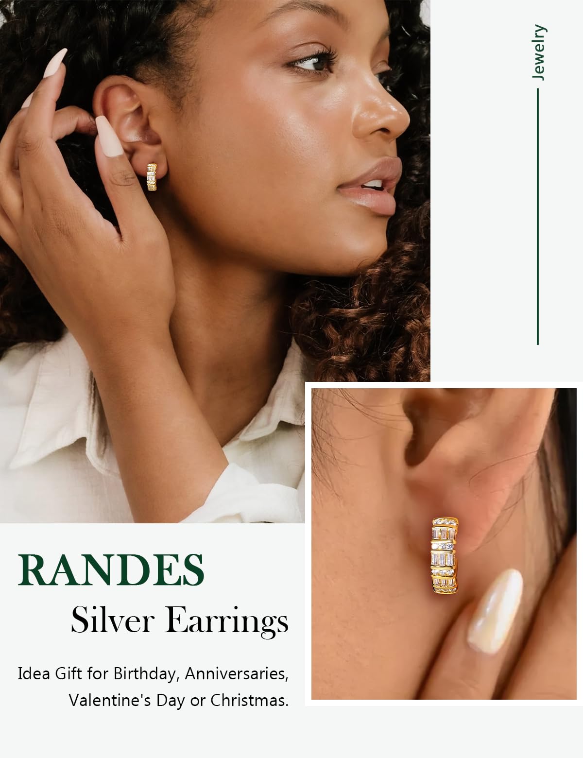 RANDES 14K Gold Plated Cubic Zirconia Small Hoop Earrings for Women Silver Created-Diamond Earring Thick Huggie Hoop Earrings