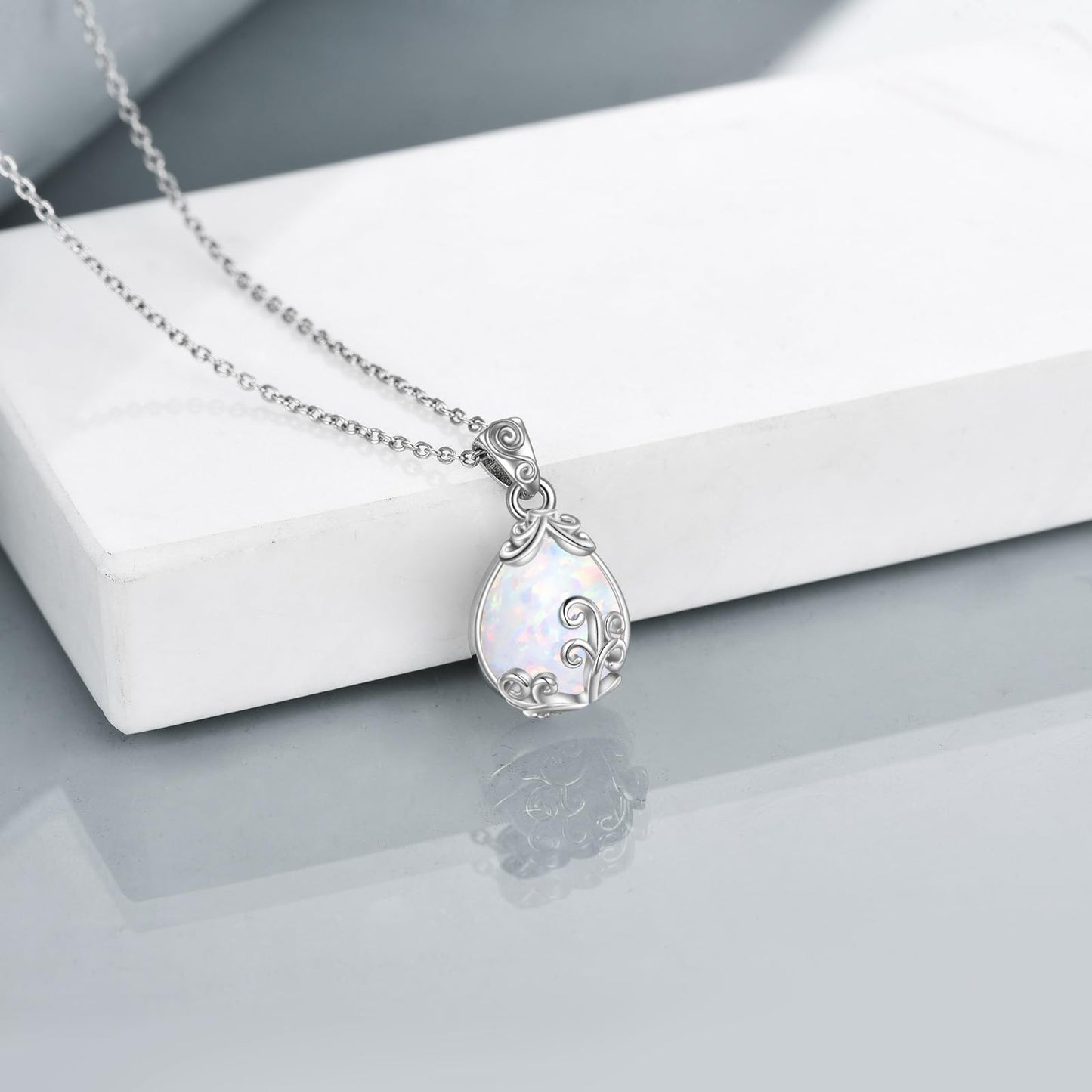 POPLYKE Sterling Silver Opal Filigree Teardrop Necklace Filigree Pendant Jewelry Gifts for Women