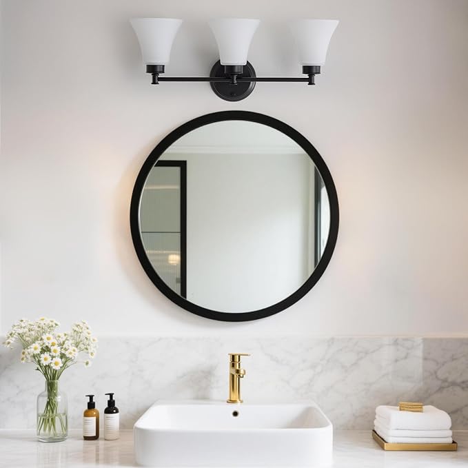 LOUSACE 3 Light Bathroom Vanity Light Matte Black Bathroom Lighting Fixtures Over Mirror with Opal White Frosted Glass, Vintage Traditional Wall Lighting Fixture Vanity Sconces Light for Bedroom