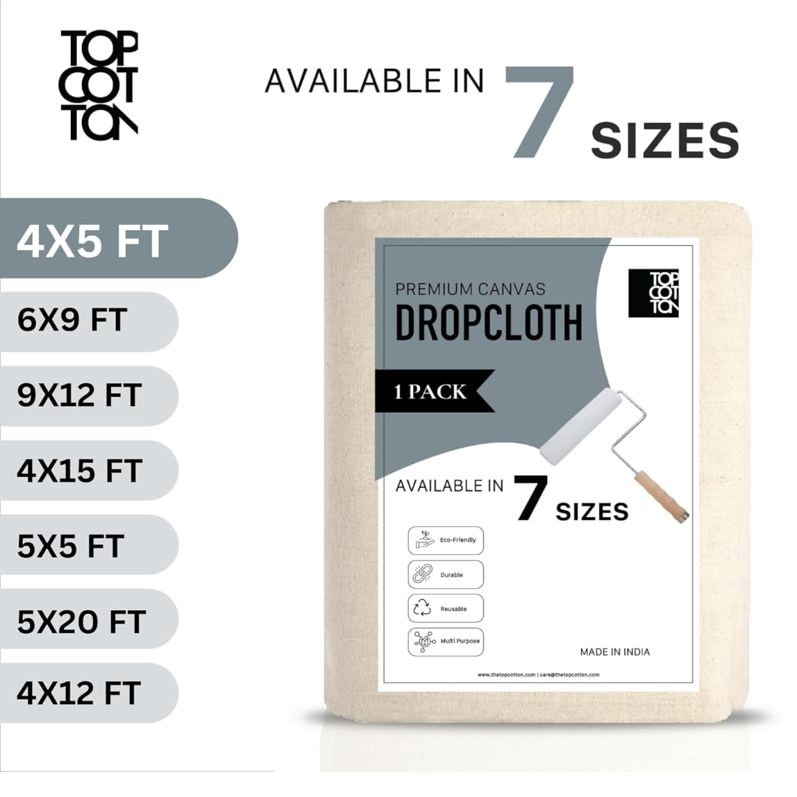 Top Cotton Canvas Drop Cloth 1Pc, Reusable Paint Drop Cloth, 100% Recycled Cotton Canvas Tarp Cover for Painter, Furniture, Floor Protection, All Purpose Painters Dropcloth for Christmas DIY (5x5FT)