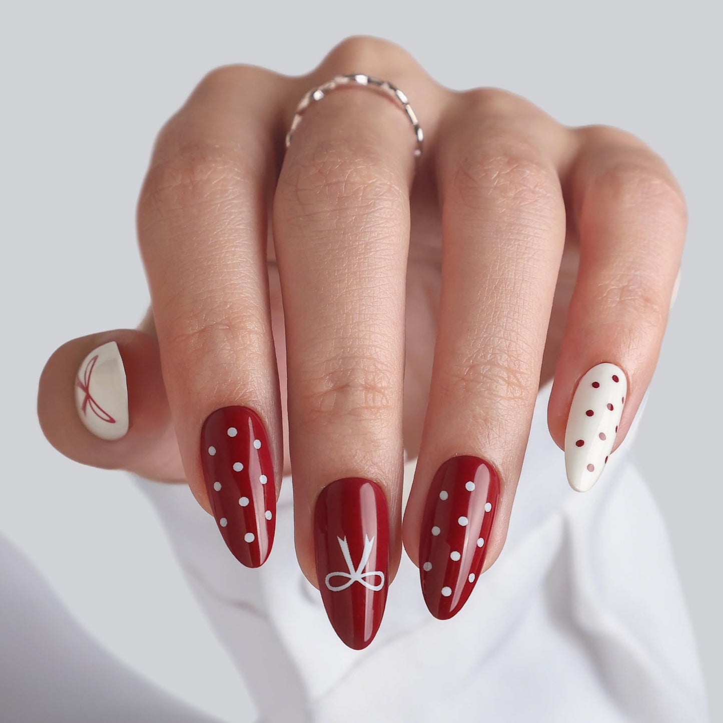 Red and White Medium Press on Nails - Polka Dot and Bow Design, SHANGMENG Soft Gel Almond Nails for Women, Glue on Nails in 16 Sizes - 32 Reusable Fake Nails Kit with Glue, Red & White Variation