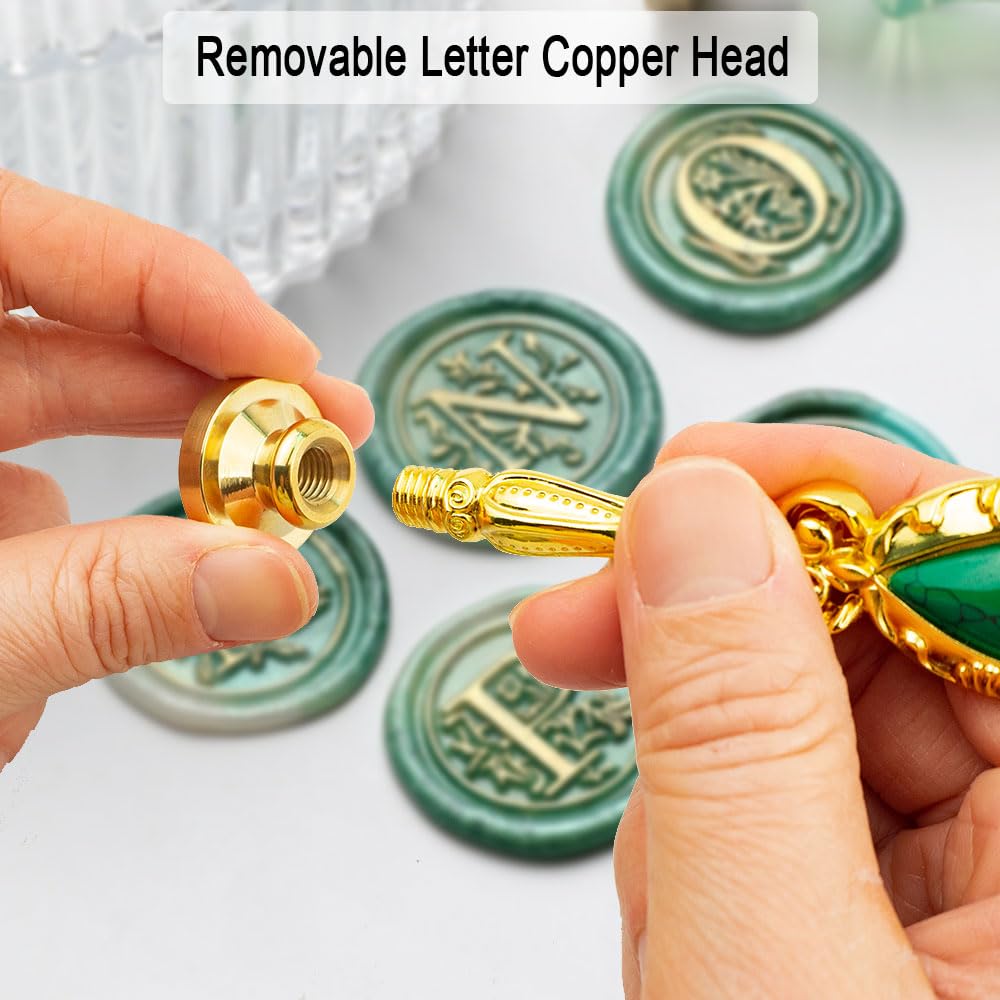 Letter Wax Seal Stamp, Ioggtser Alphabet R Wax Seal Stamp Set Including 1Pcs Copper Head with Iron Handle, 60 Pcs Wax Seal Beads, 1Pcs Wooden Melting Spoon, 2Pcs Candles, 1Pcs Wax Seal Pen
