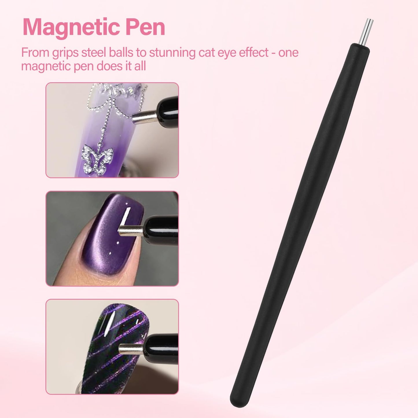 EBANKU Cateye Magnet Set for Nails, 5D Automatic U-Shaped Nail Art Magnet Tool with Ball Magnet, 3 IN 1 Magnets Pen Heart French Flower Black Hole Multi Effect Nail Art Designs Home DIY Salon Use