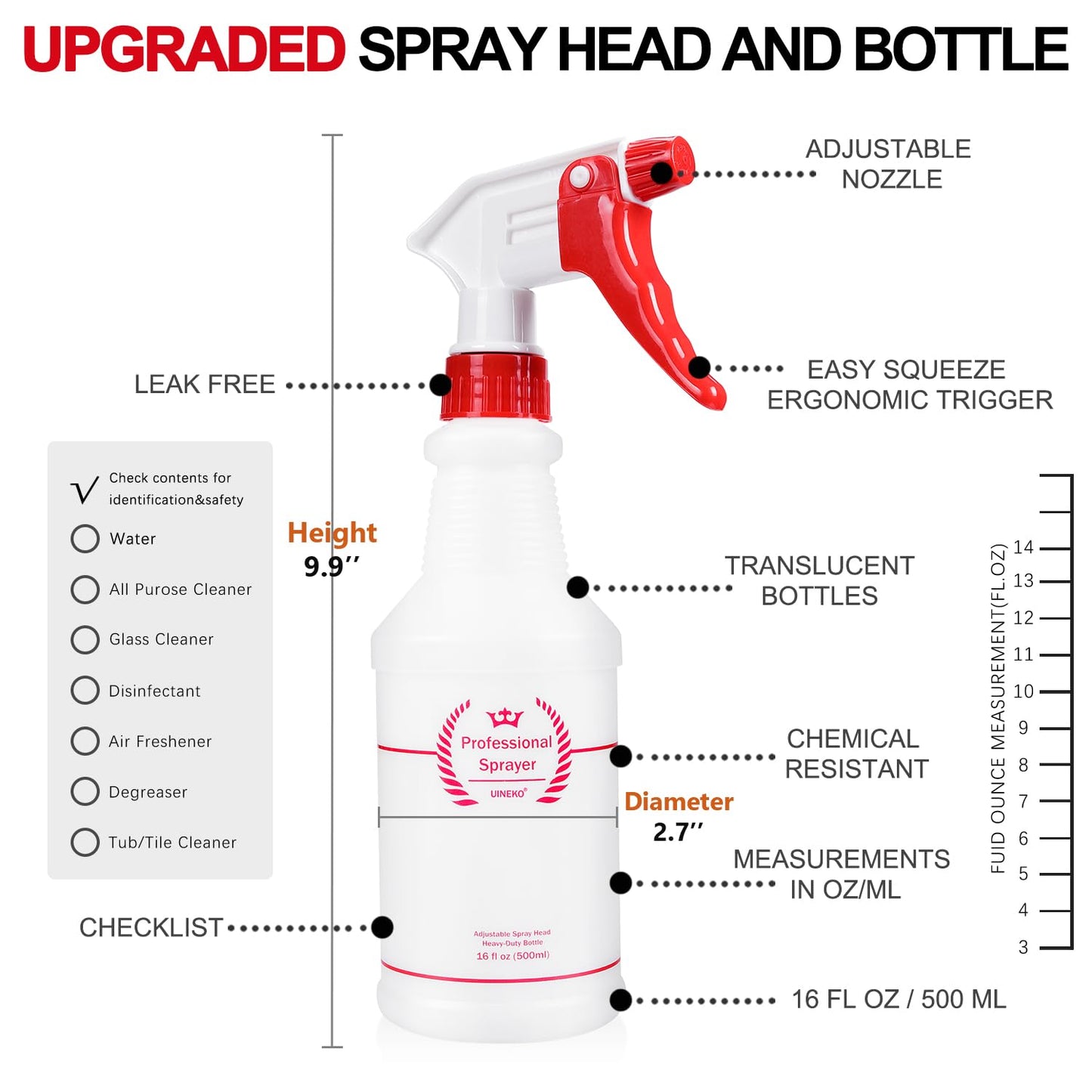 Uineko Plastic Spray Bottle (4 Pack, 16 Oz, All-Purpose) Heavy Duty Spraying Bottles Leak Proof Mist Empty Water Bottle for Cleaning Solution Planting Pet with Adjustable Nozzle and Measurements