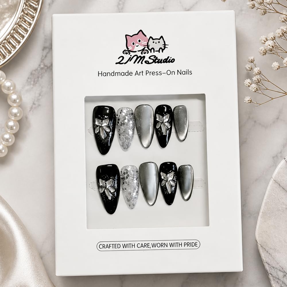 2IM Studio Handmade Press On Nails, Elegant Nude 3D Floral French Tip with Pearl Rhinestones, Almond Medium Length Full Cover Thick Reusable Acrylic Nail Kit for Women 10PCS (Inky Bloom-M)