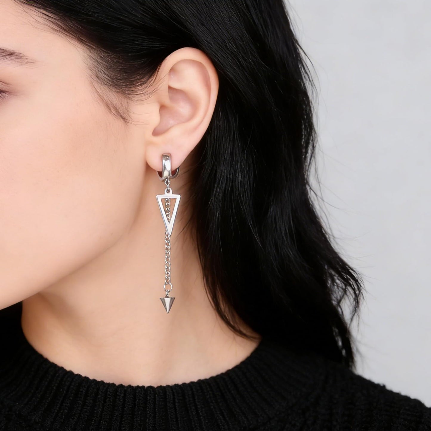 Fusamk Punk Rock Stainless Steel Triangle Ear Clip Earrings Spike Long Chain Dangle Earrings(Silver)
