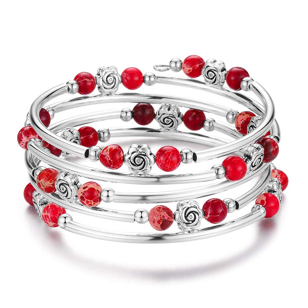 BULINLIN Wrap Bangle Rose Bead Bracelet - Beaded Bracelet with Natural Agate Stone Gifts For Women(01-Imperial red)