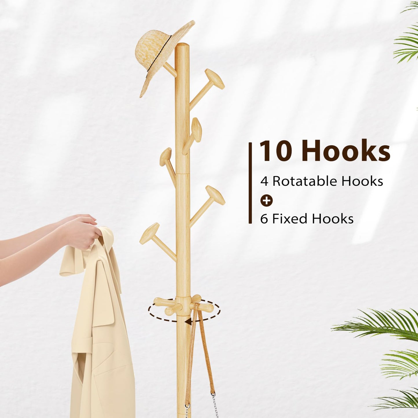 Taitiy Solid Wood Coat Rack Freestanding Coat Tree with 10 Hooks for Bedroom, Livingroom, Entryway, Sturdy Coat Hanger Stand for Hats, Coats, Scarves, Handbags, Purses