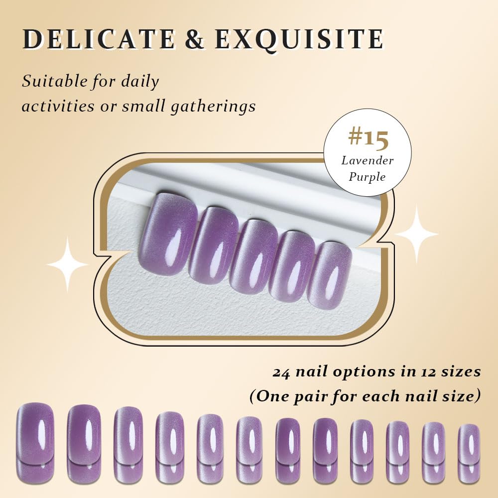 Lavender Purple Cat Eye Press on Nails Medium Square, Medium Square Press Stick on Nails Chrome for Women, Purple Holographic Glitter Glossy Reusable Gel Acrylic Fake Nail with Design Cateye Effect