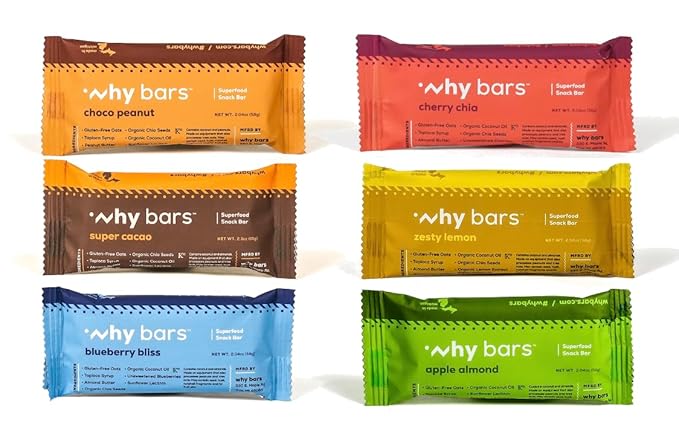 Why Bars, Protein Bars, Variety Pack, 2.04 Ounce Bars (Pack of 12 Protein Bars) - Protein Bar Superfood, Gluten Free, Non GMO, Organic, Vegan, Simple Ingredients
