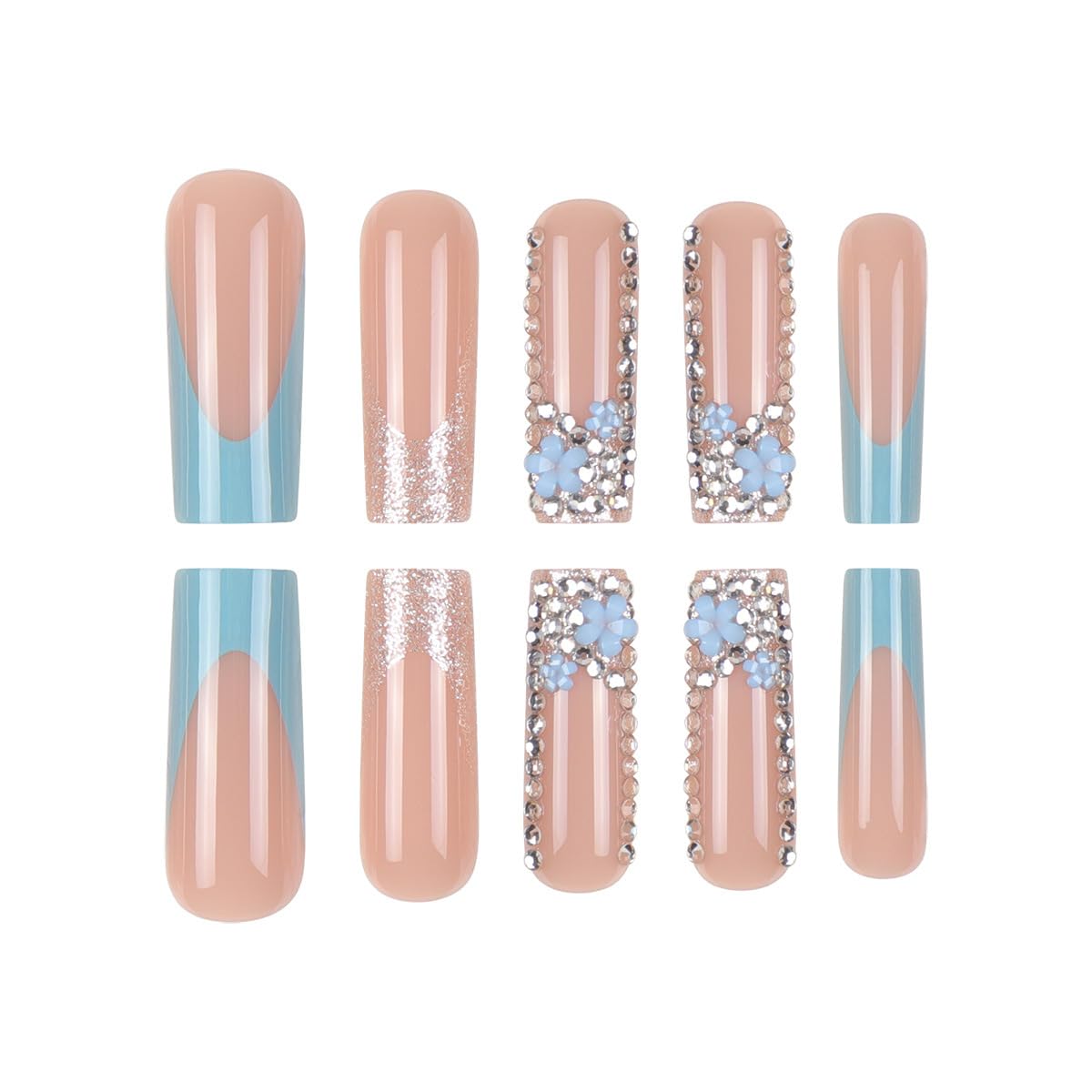 Long Press on Nails Square Fake Nails French Tip False Nails Blue Artificial Nails with Designs Stick on Nails for Women 24pcs