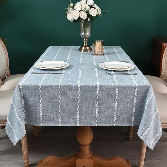 Zobesta Linen Table Cloth Blue Tablecloth Rectangle 86 x 53 Inch, Washable Farmhouse Soft Boho Blue Stripe Tablecloth for Party, Holiday, Picnic, Dining, Outdoor