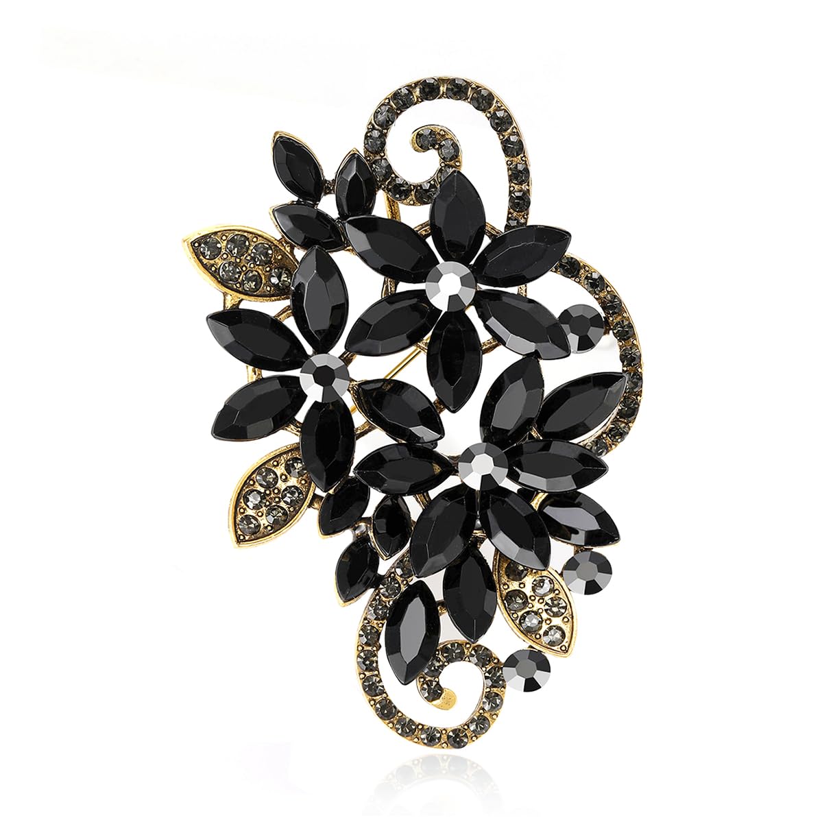 YOQUCOL Vintage Blck Austrian Crystal Rhinestone Flower Shape Brooch Pin For Women