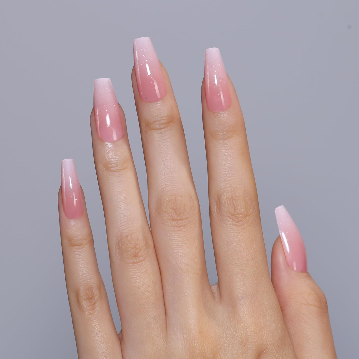 Goolich Pink Ombre Press On Nails Medium Coffin, Pink with Glitter Nails Press ons Set with Adhesive Tabs, 24 Pcs 12 Size Reusable Full Cover Glue on Nails for Women