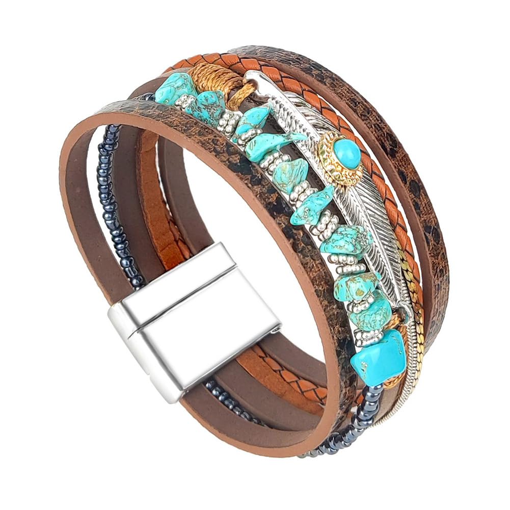 TSdiyART Turquoise Bracelet for Women, Boho Western Bracelet for Turquoise Jewelry, Leather Wrap Multi-Layer Turquoise Bracelet Bangle Jewelry (Brown)