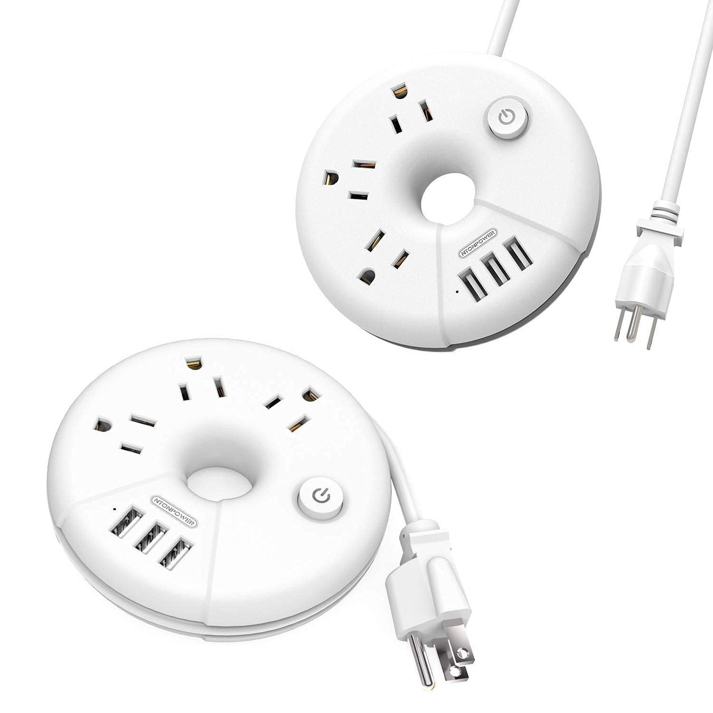 NTONPOWER Travel Power Strip Bundle, 3 Outlets 3 USB Portable Desktop Charging Station with 15 inch Short Cord and 5ft Extension Cord for Office, Home, Hotels, Cruise Ship, Nightstand - White