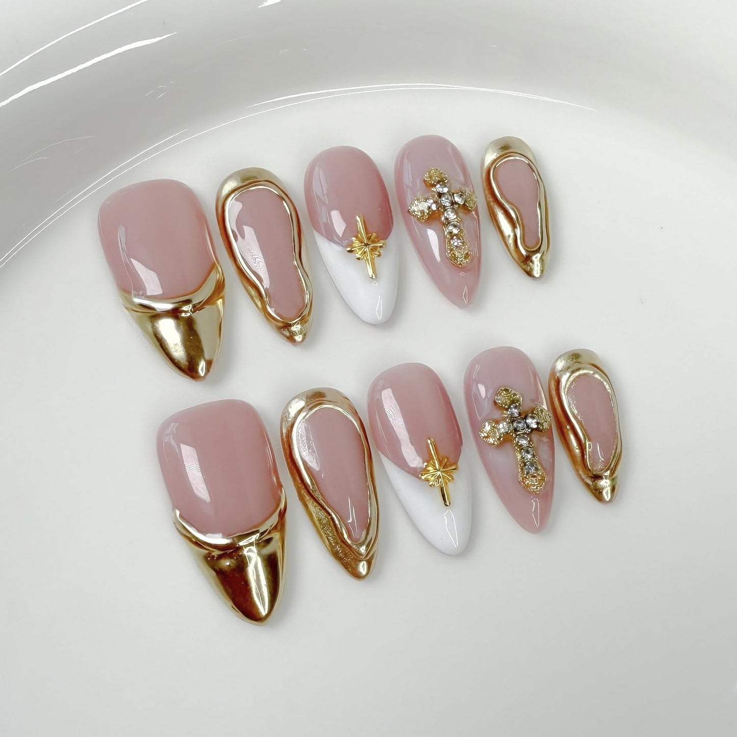 Handmade Fake Nails Medium Almond Press on Nails Rhinestones 3D Gold Curve Line False Nail French with Cross Designs Glossy Glue on Nail DIY for Women Manicure Art (Size S)
