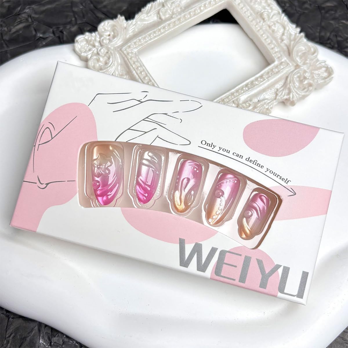OSTTMA 30Pcs Pink White Gradient Aurora 3D Flower Nails, Almond Shaped, Glossy Acrylic Press On Nails, Full Cover, Reusable, 2 Sets of 15pcs Each