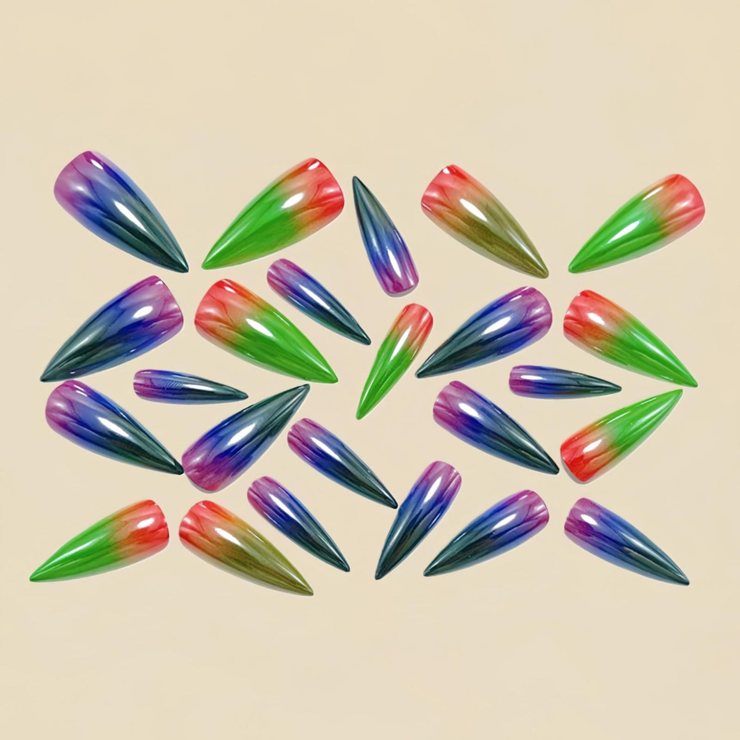 SINHOT Stiletto Press on Nails - Long Fake Nails, Glossy Finish, Colorful Chrome & Metallic, DIY Artificial False Nail Art - 24 Pcs Nail Kit with Glue